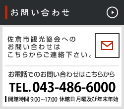 お問い合わせ 佐倉市観光協会へのお問い合わせはこちらからご連絡下さい。お電話でのお問い合わせはこちらから TEL.043-486-6000 開館時間 9:00～17:00 休館日 月曜及び年末年始